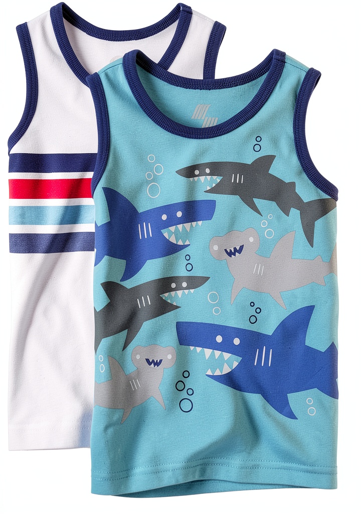 Boys wearing stripe and shark graphic tank tops with shorts