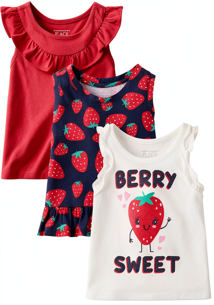 Baby girl wearing a strawberry print tank top in a garden setting
