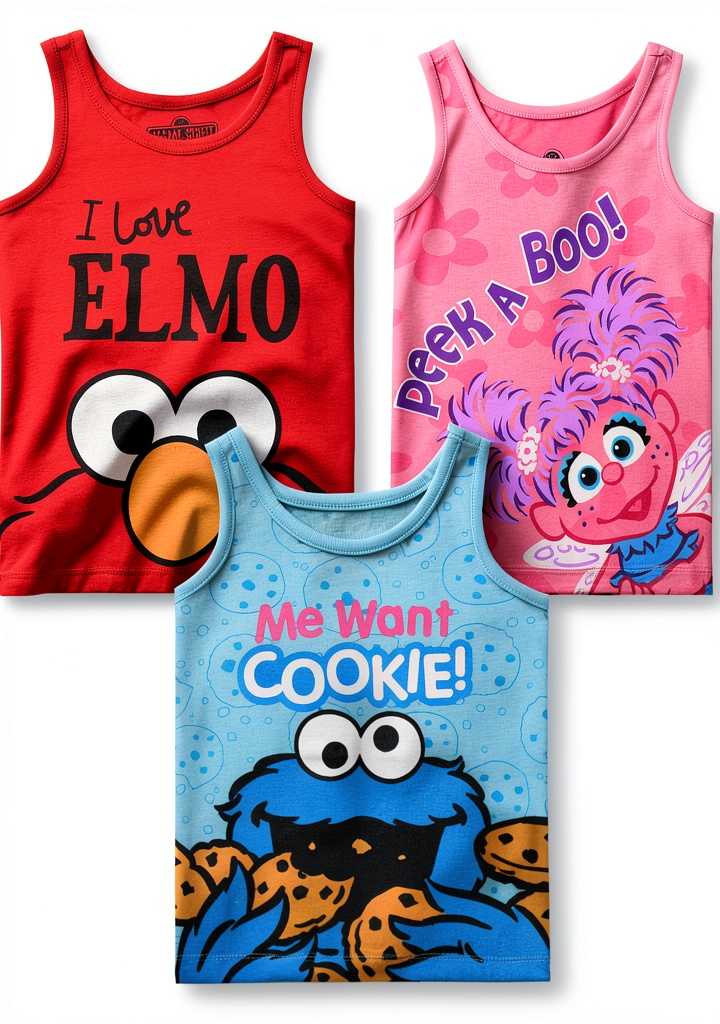 Sesame Street tank tops 3-pack set displayed on a hanger