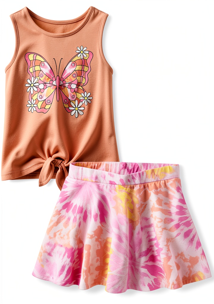 Girls wearing butterfly tank top and skort set in a playful setting