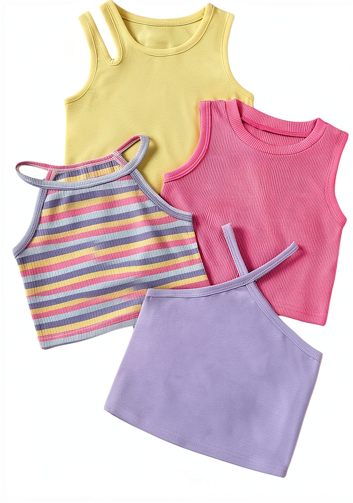 Baby girl wearing pink multi ribbed tank top with denim shorts