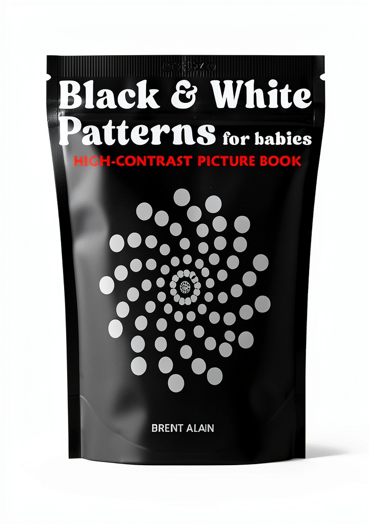 High-contrast baby book open on a tablet showing bold black and white patterns